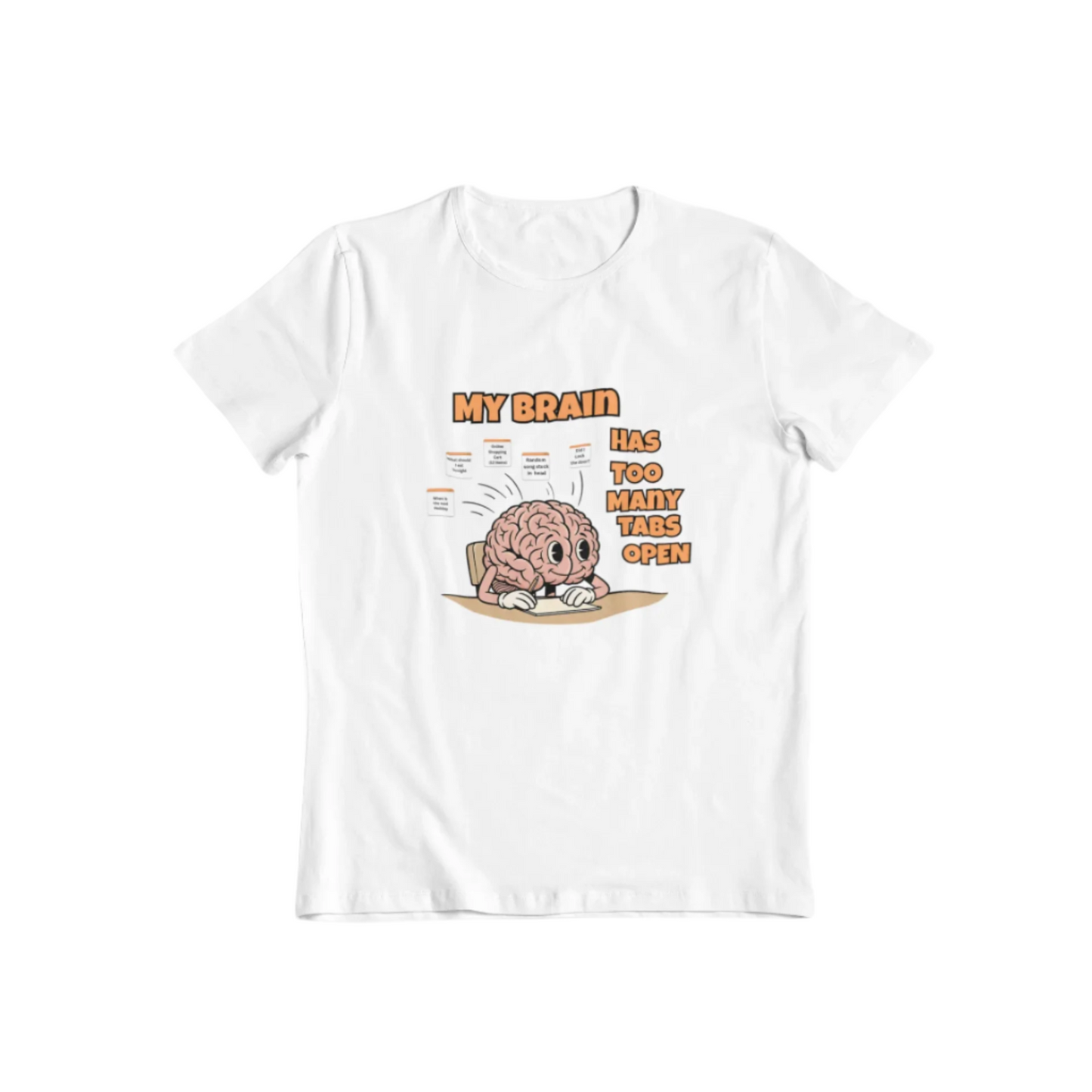 White t-shirt with a cartoon brain graphic and text on a white background