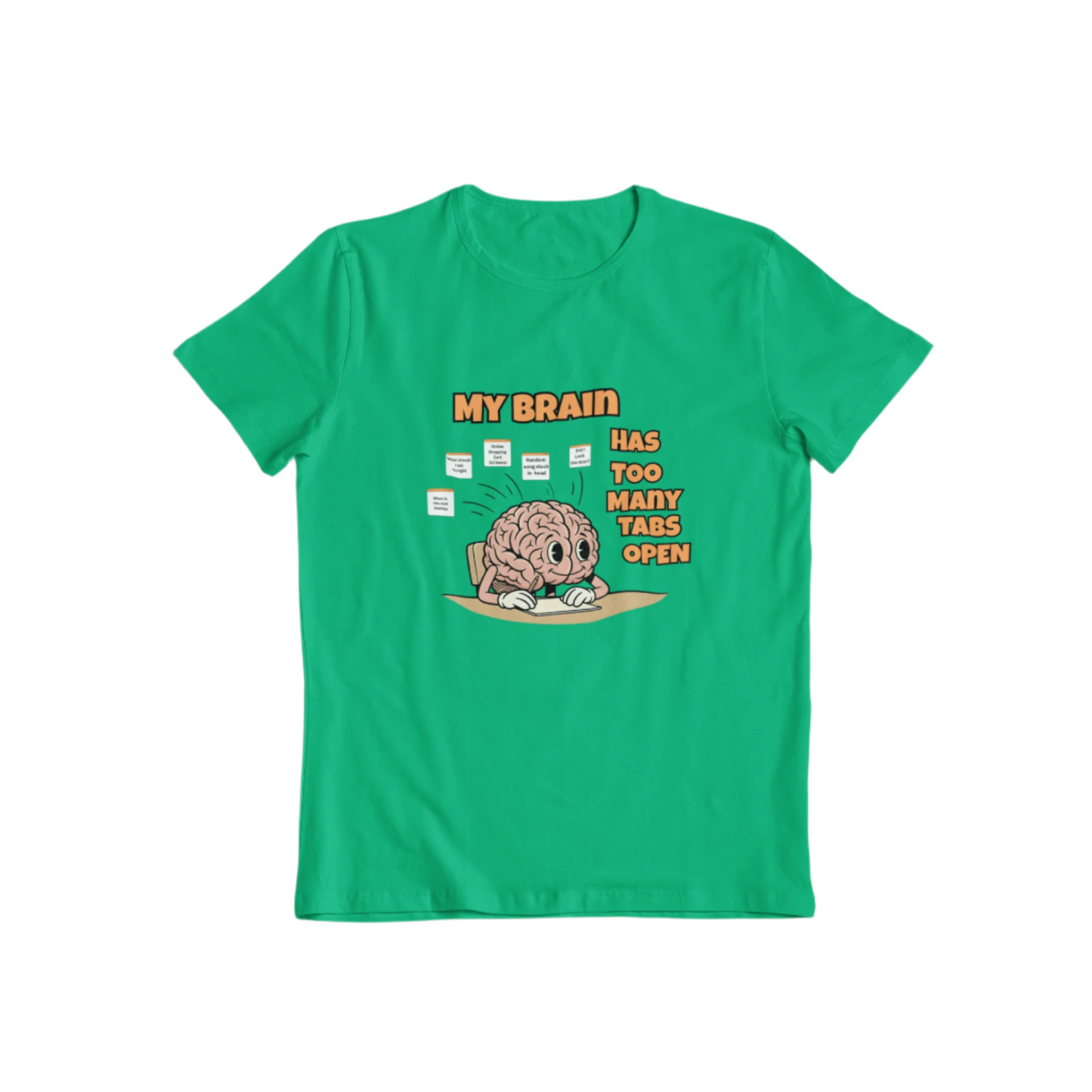 Green t-shirt with a cartoon brain graphic and text on a white background