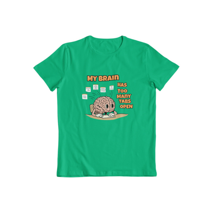 Green t-shirt with a cartoon brain graphic and text on a white background